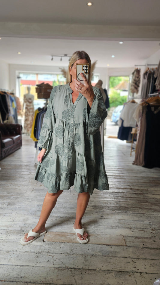 Mabel Floral Cotton Embroidered Smock dress in khaki