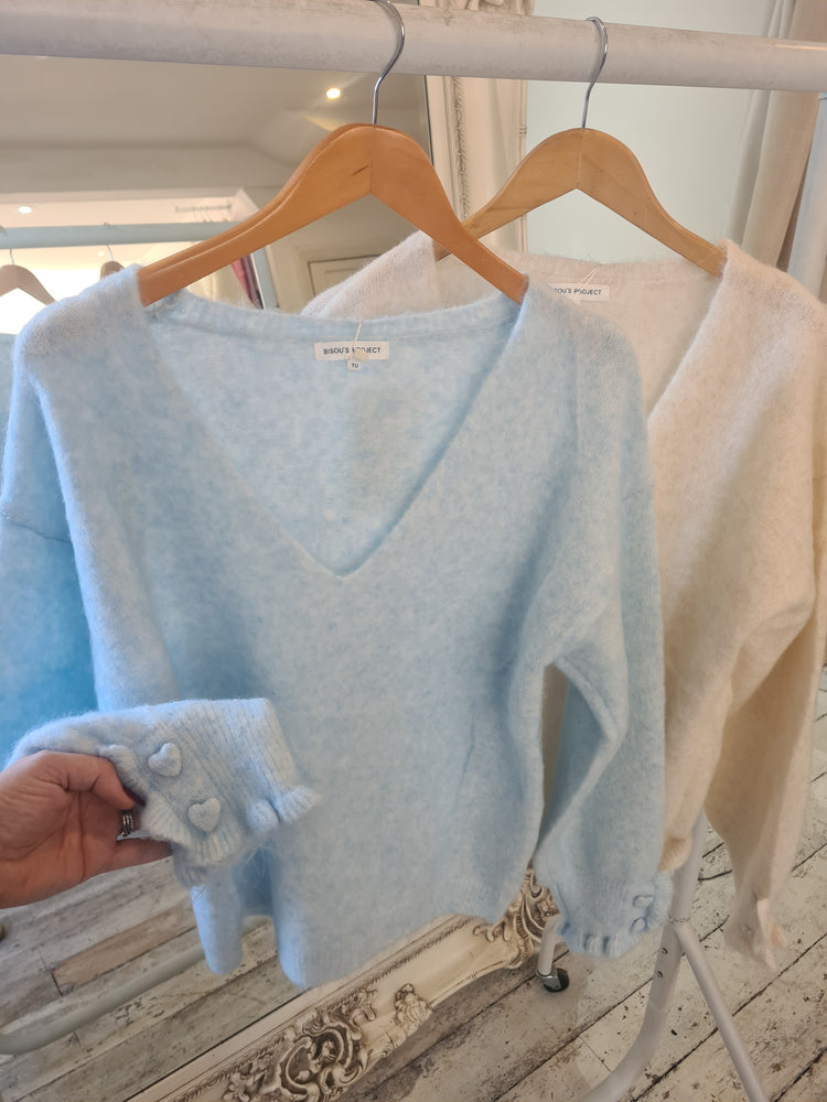 Halle heart sleeve frill detail soft knit in powder blue