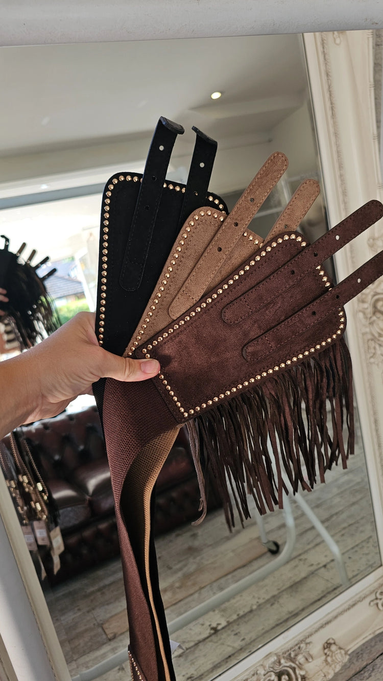 Jesses stud & tassel elasticated belt in Taupe