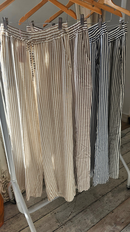 Bridget Wide Leg Stripe Linen Trousers in beige