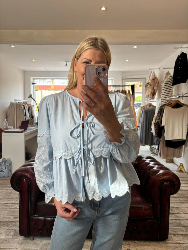 NELLIE COTTON EMBROIDERY TIE UP BLOUSE IN POWDER BLUE