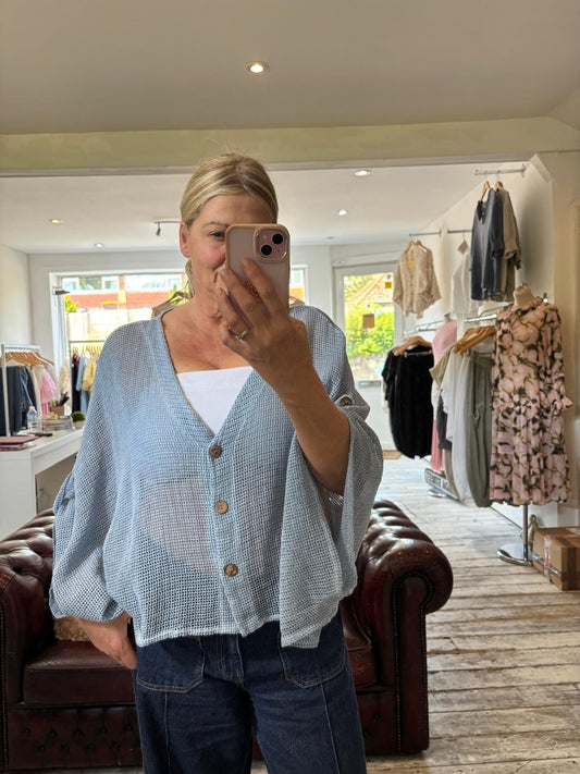 SOPHIA LINEN BLEND MESH BUTTON UP CARDIGAN IN LIGHT BLUE