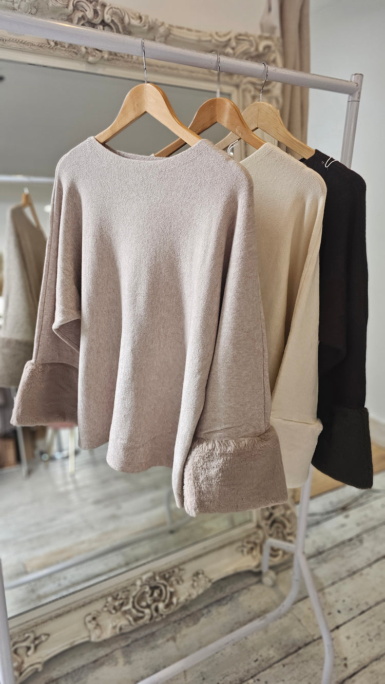 Daphne Faux Fur Sleeve Jumper in Mocha