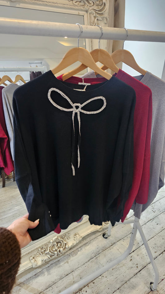 Faith Diamanté bow detail knit jumper in wine