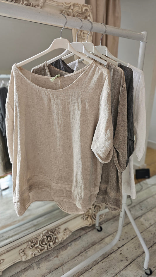 Maeve Turn up sleeve linen blend top in beige