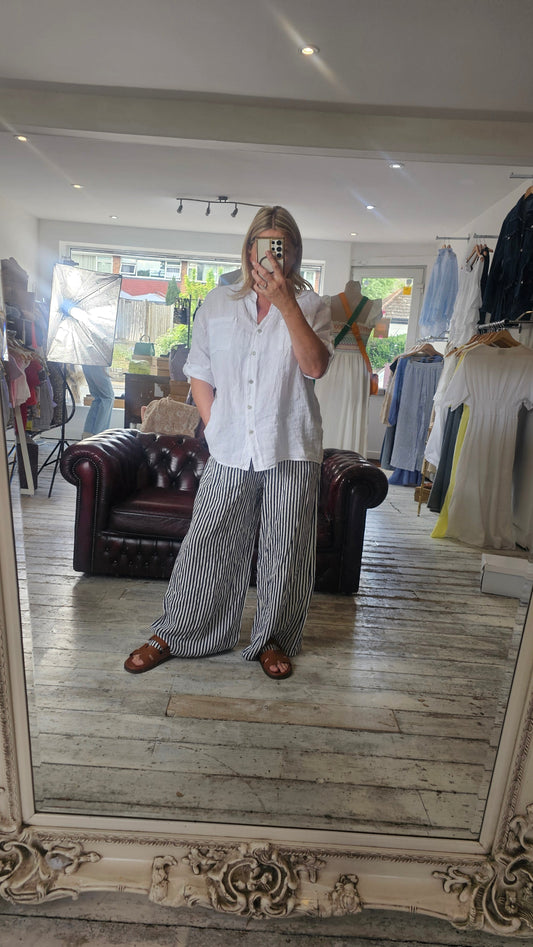 BRIDGET WIDE LEG STRIPE LINEN TROUSERS IN navy