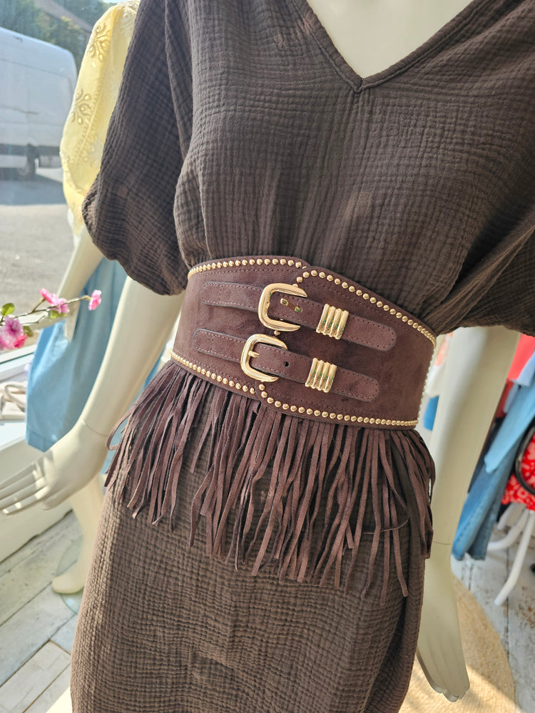 Jesses stud & tassel elasticated belt in chocolate