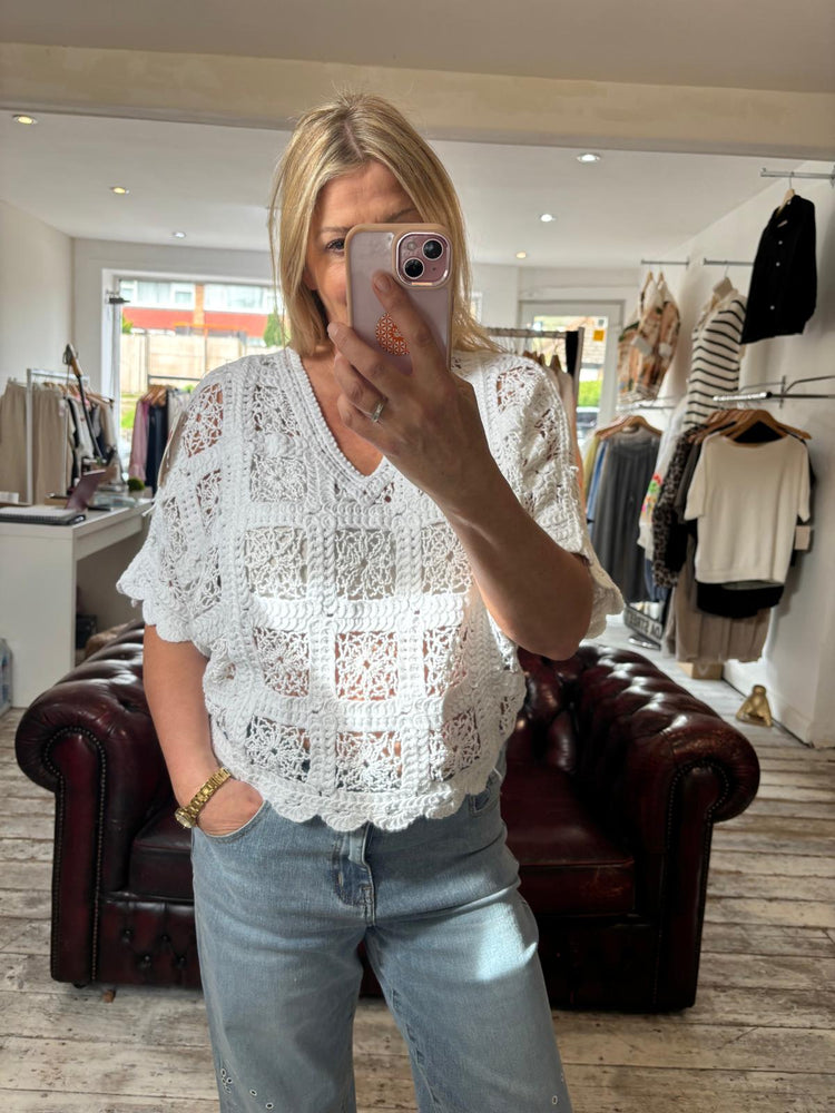 Sienna V-Neck Crochet Top in white