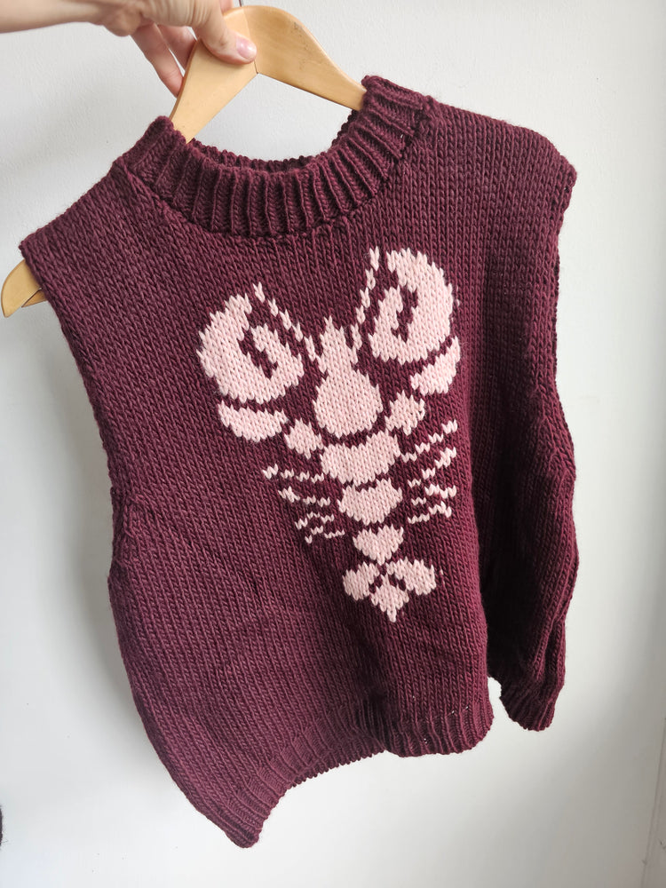 Larry the lobster knitted tank top in burgundy/pink