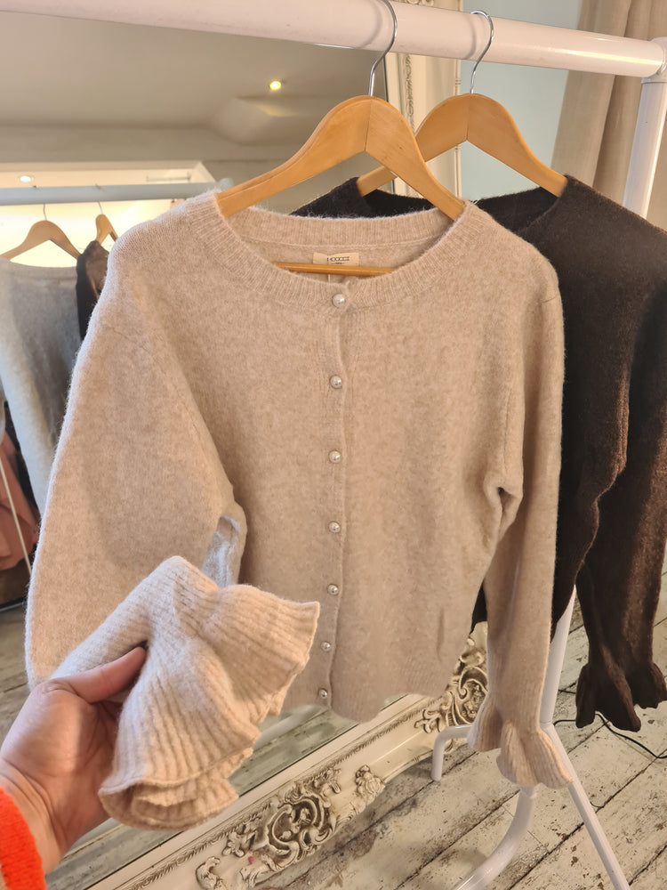 Belle pearl button frill sleeve cardigan in oatmeal