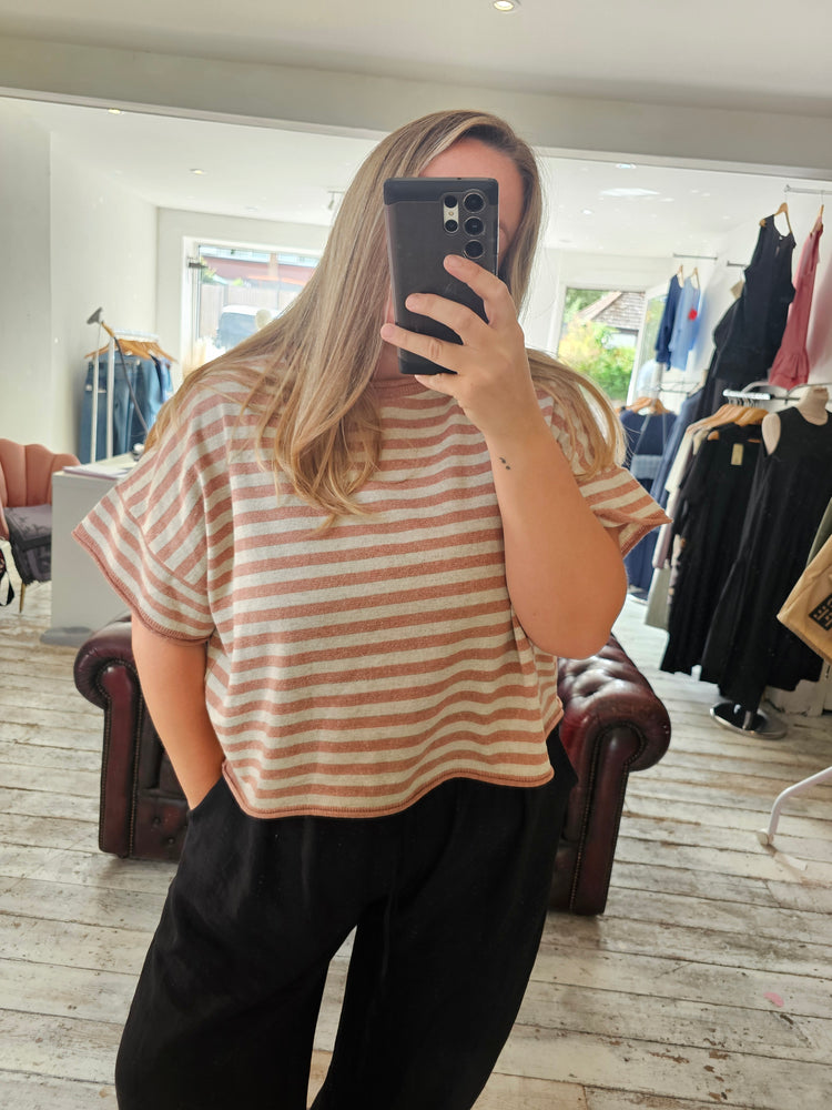 Demi Cotton Knitted Cropped Stripe Tee in terracotta