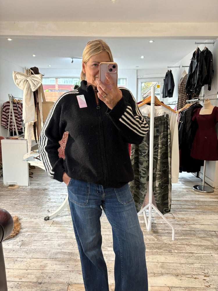 Camille STRIPED SLEEVE ZIP-THROUGH KNIT CARDIGAN