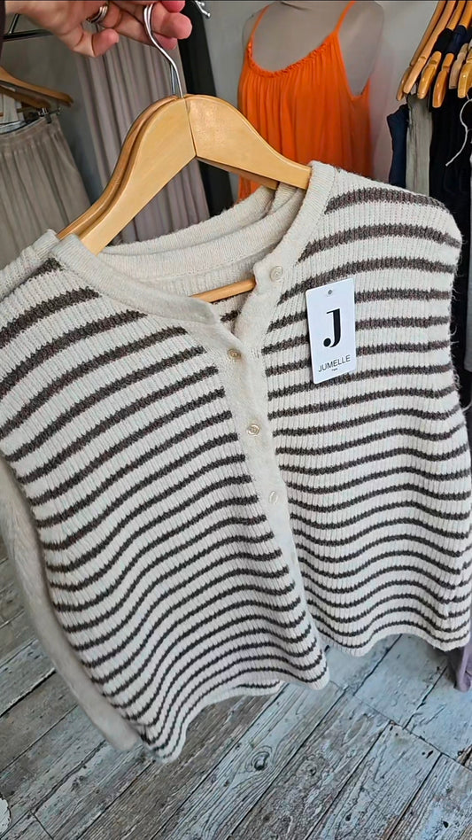 Tilly sleeveless soft knit vest in beige stripe