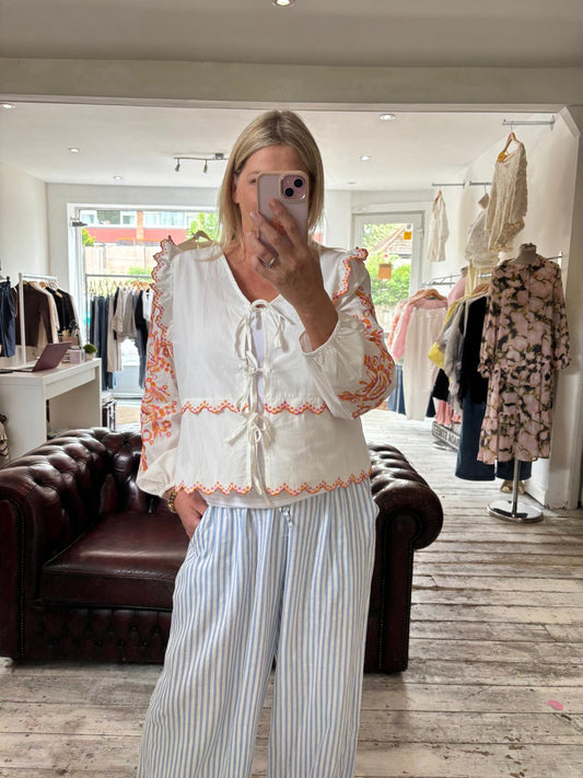MARGOT EMBROIDERED TIE UP BLOUSE IN WHITE