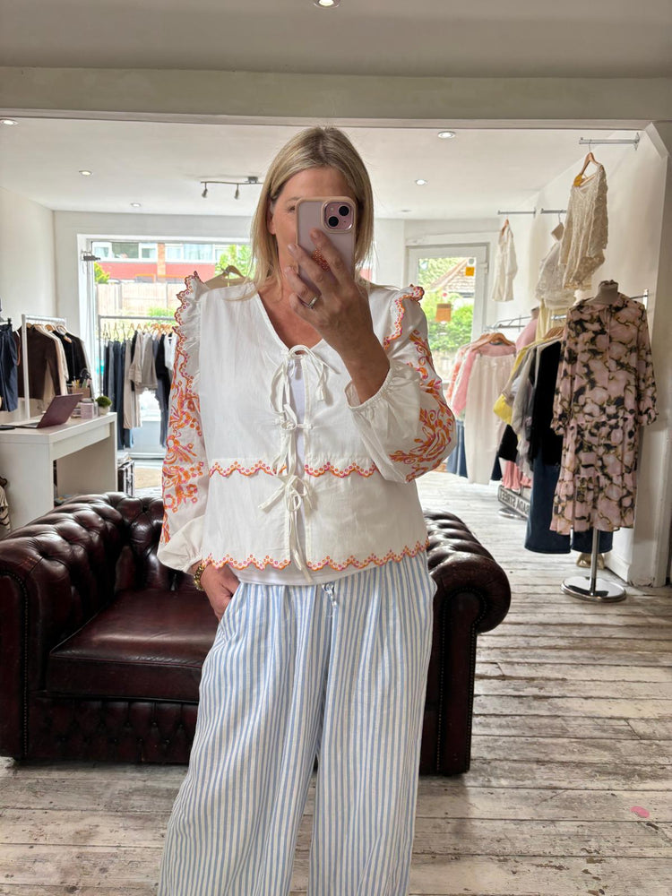 MARGOT EMBROIDERED TIE UP BLOUSE IN WHITE