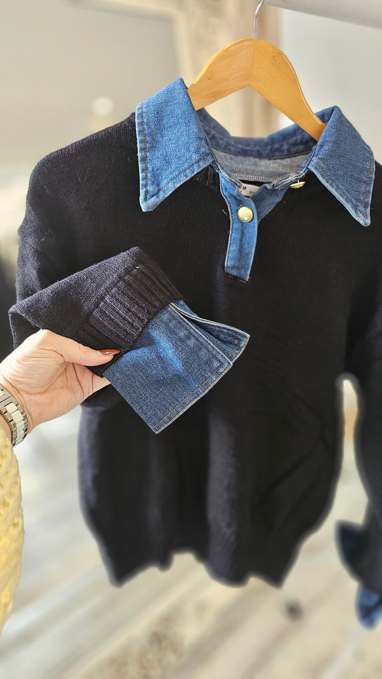 EVELYN DENIM COLLARED & CUFF DETAIL KNITTED TOP IN BLACK