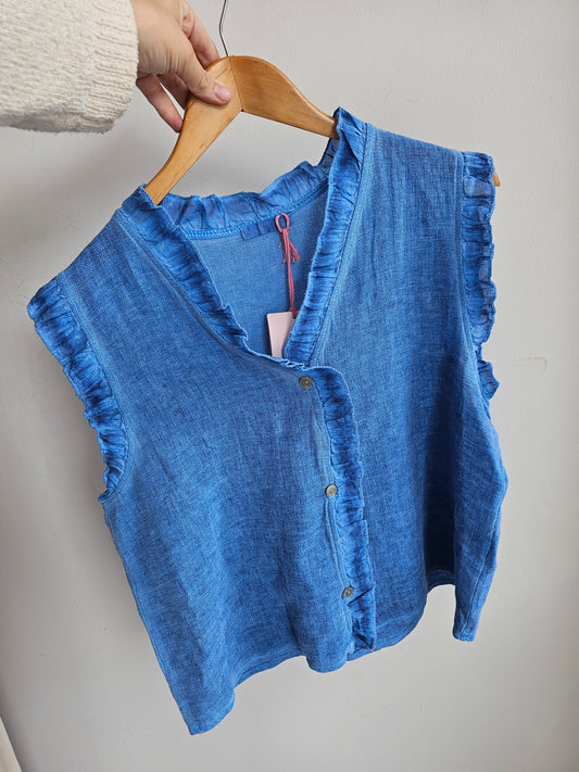 MAISIE FRILL EDGE BUTTON UP LINEN BLEND VEST IN CORNFLOWER BLUE