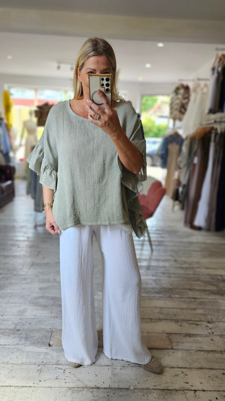 Imogen Ruffle Sleeve Linen Blend Top in khaki