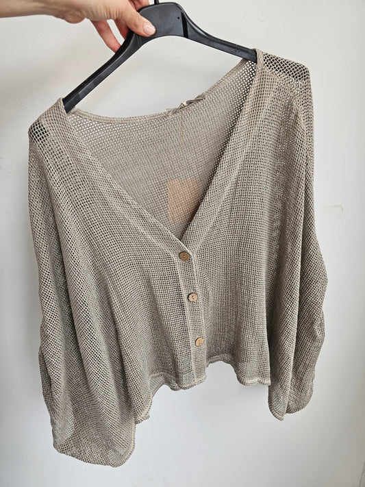 SOPHIA LINEN BLEND MESH BUTTON UP CARDIGAN IN MOCHA