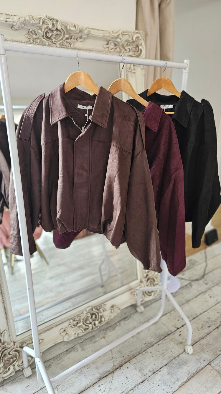 Brooke Suede effect oversized bomber jacket in Merlot