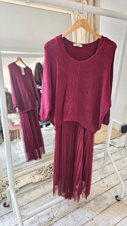 NAOMIE MESH DETAIL DRESS & LIGHT KNIT TWO PIECE IN WINE