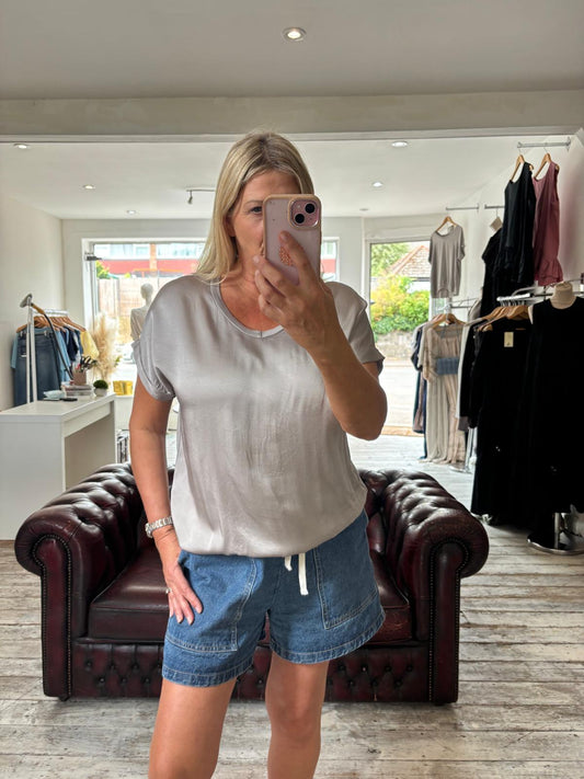 Sadie Satin Style V Neck Top in Light mocha