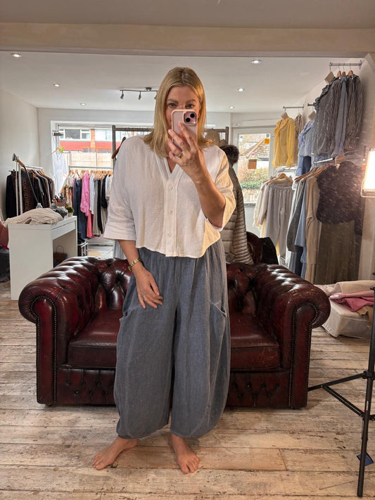 HARPER LINEN BLEND BARREL TROUSER IN Denim Blue