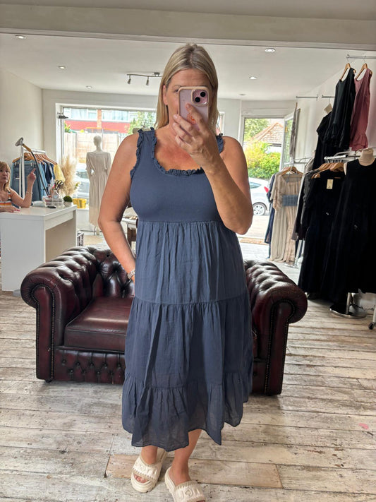 Freya Cotton Layered Dress in Navy