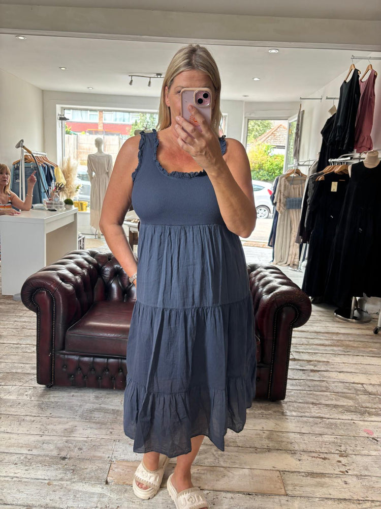 Freya Cotton Layered Dress in Navy