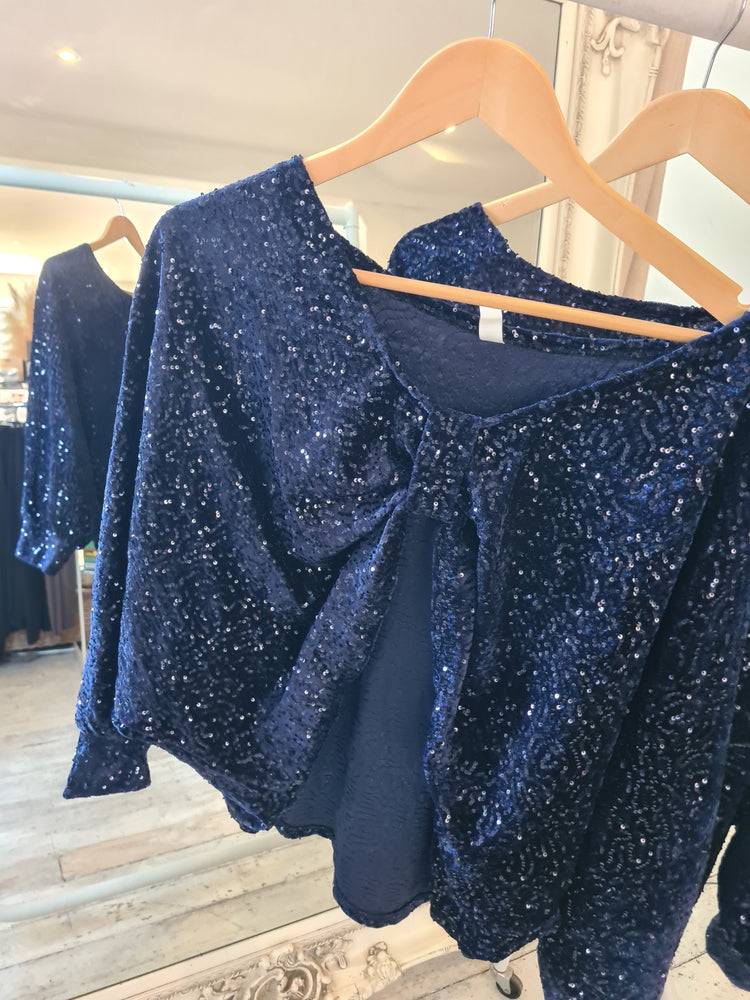 REVERSIBLE KNOT SEQUIN TOP IN NAVY