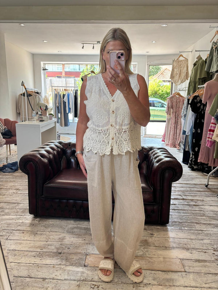 Mia embroidered waistcoat with crochet edging in beige