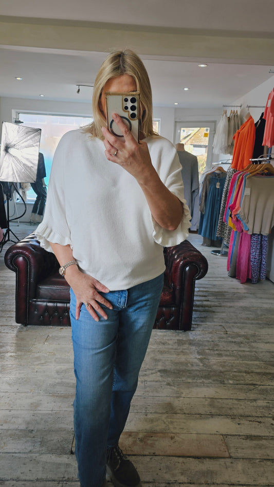 Belle frill sleeve knit lightweight jumper in white