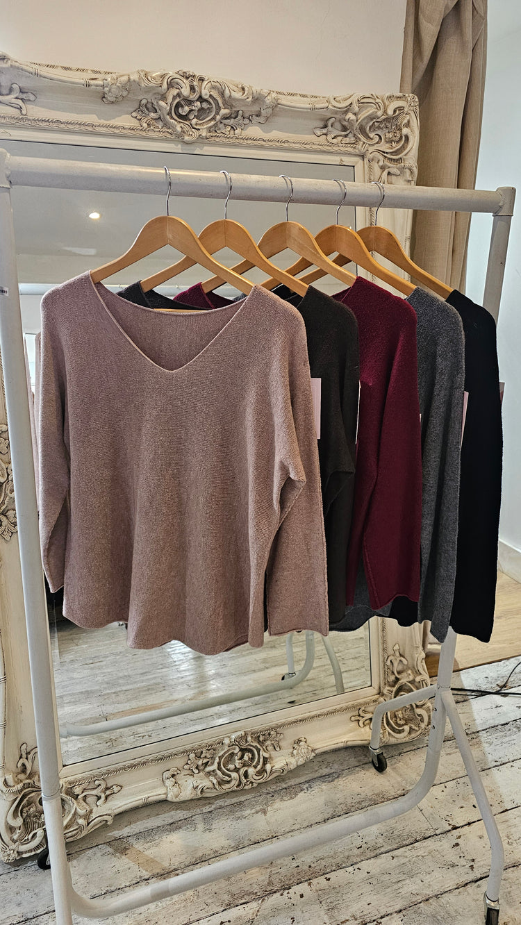 Amber Supersoft V- Neck Knitted Jumper in Chocolate