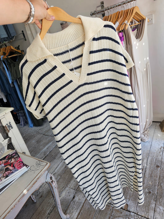 Cleo crochet collared dress in beige/navy stripe