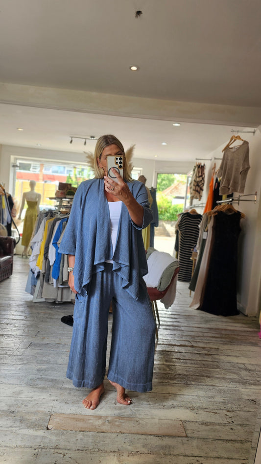 Eleanor Linen waterfall lightweight jacket in denim blue