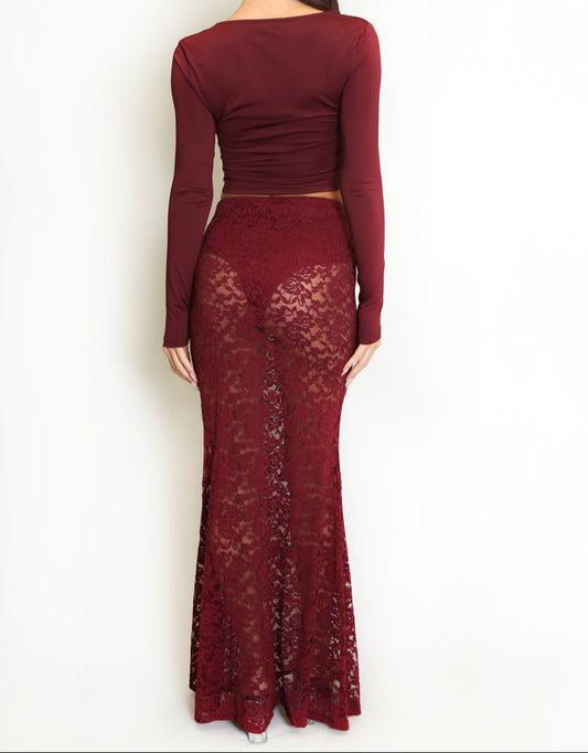 Maya Sheer Floral Lace Maxi Skirt in wine
