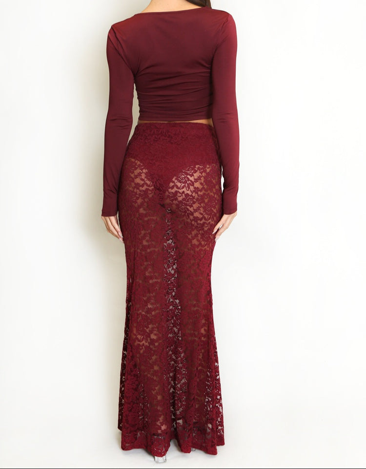 Maya Sheer Floral Lace Maxi Skirt in wine