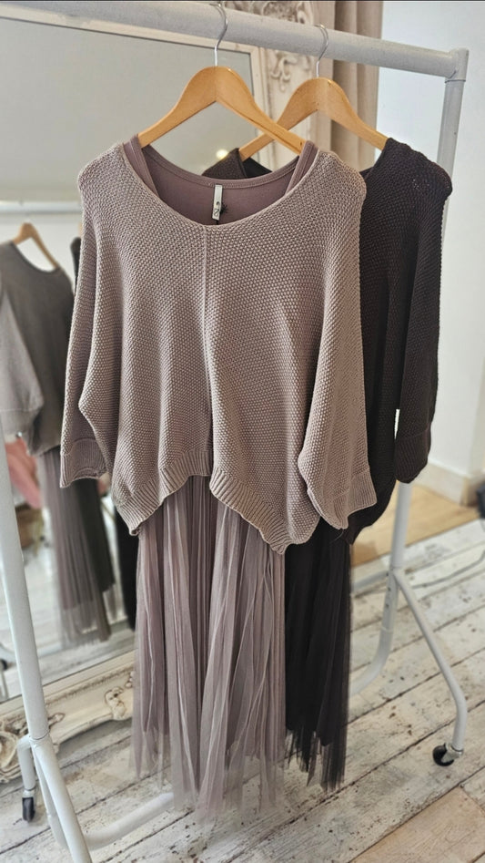 NAOMIE MESH DETAIL DRESS & LIGHT KNIT TWO PIECE IN MOCHA