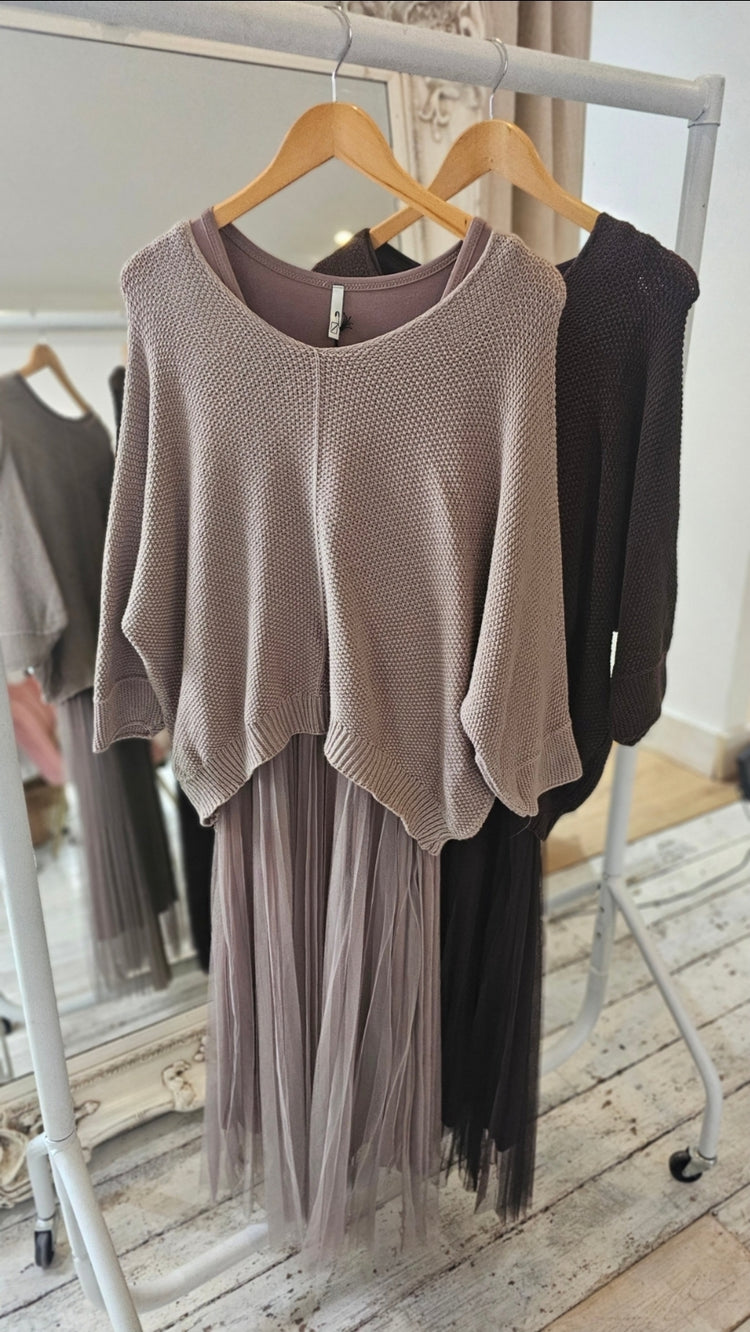 NAOMIE MESH DETAIL DRESS & LIGHT KNIT TWO PIECE IN MOCHA