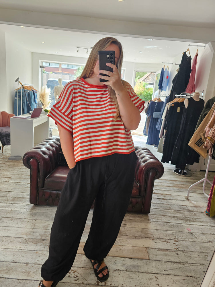 Demi Cotton Knitted Cropped Stripe Tee in rust