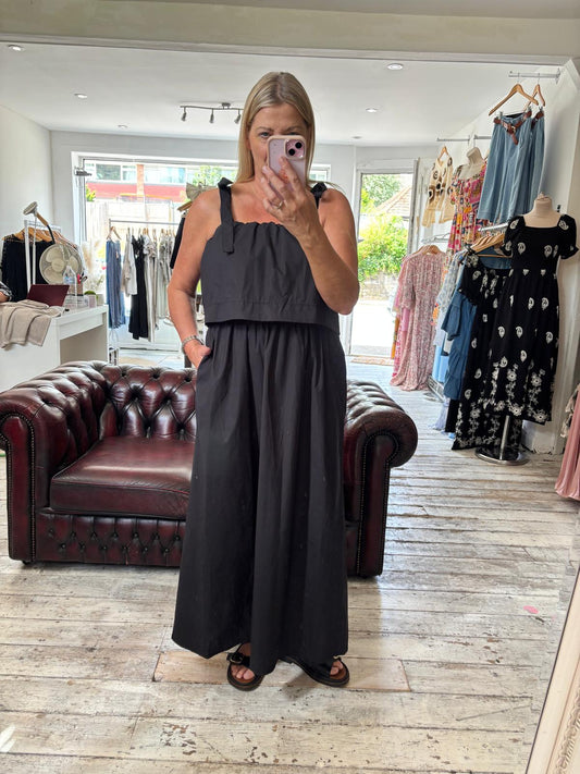 Cotton black tie strap tiered dress