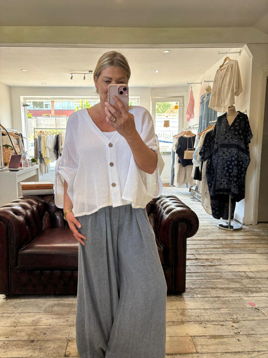 SOPHIA LINEN BLEND MESH BUTTON UP CARDIGAN IN WHITE