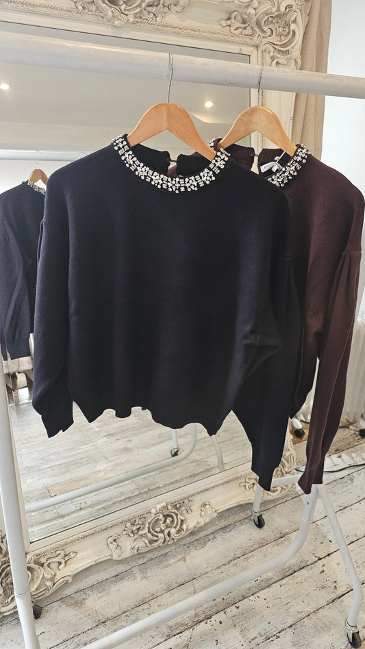Bridget Diamond Neck Detailed Knit jumper in black