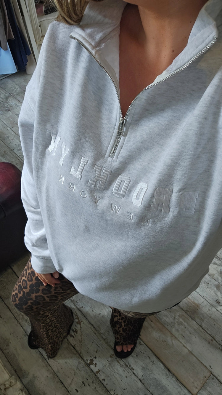 Brooklyn Half Zip Oversized fit Sweatshirt in MARL GREY