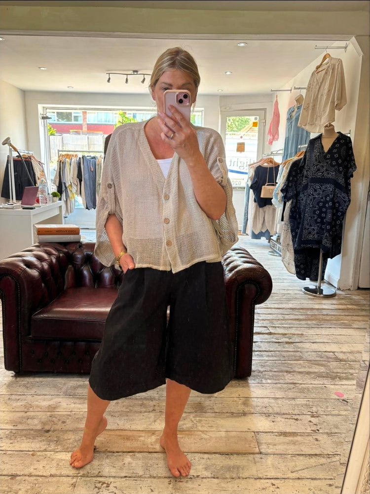 SOPHIA LINEN BLEND MESH BUTTON UP CARDIGAN IN BEIGE