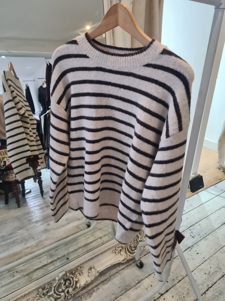 Rochelle Bow Cuff Striped Jumper in Beige