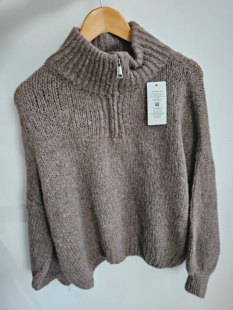Frankie half zip balloon sleeve knitted jumper in Mocha