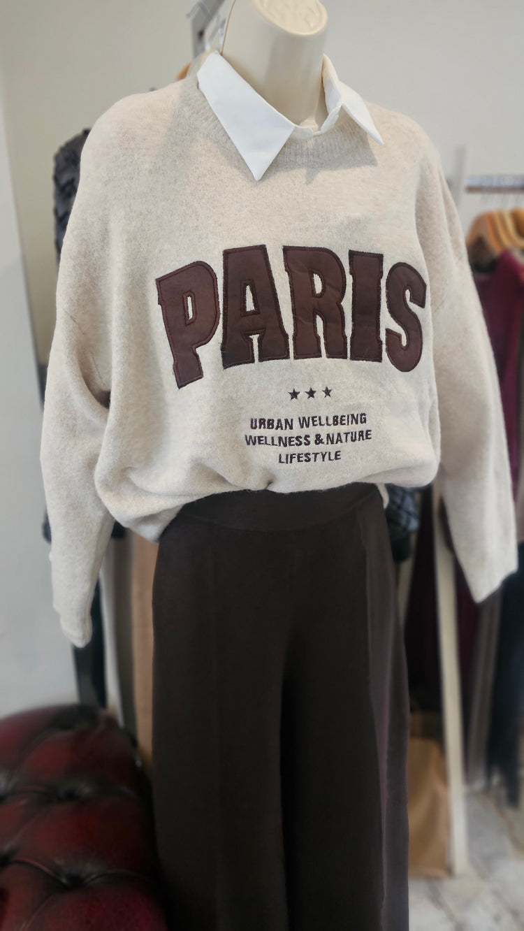 Paris Slogan Wool Mix Jumper in Chocolate