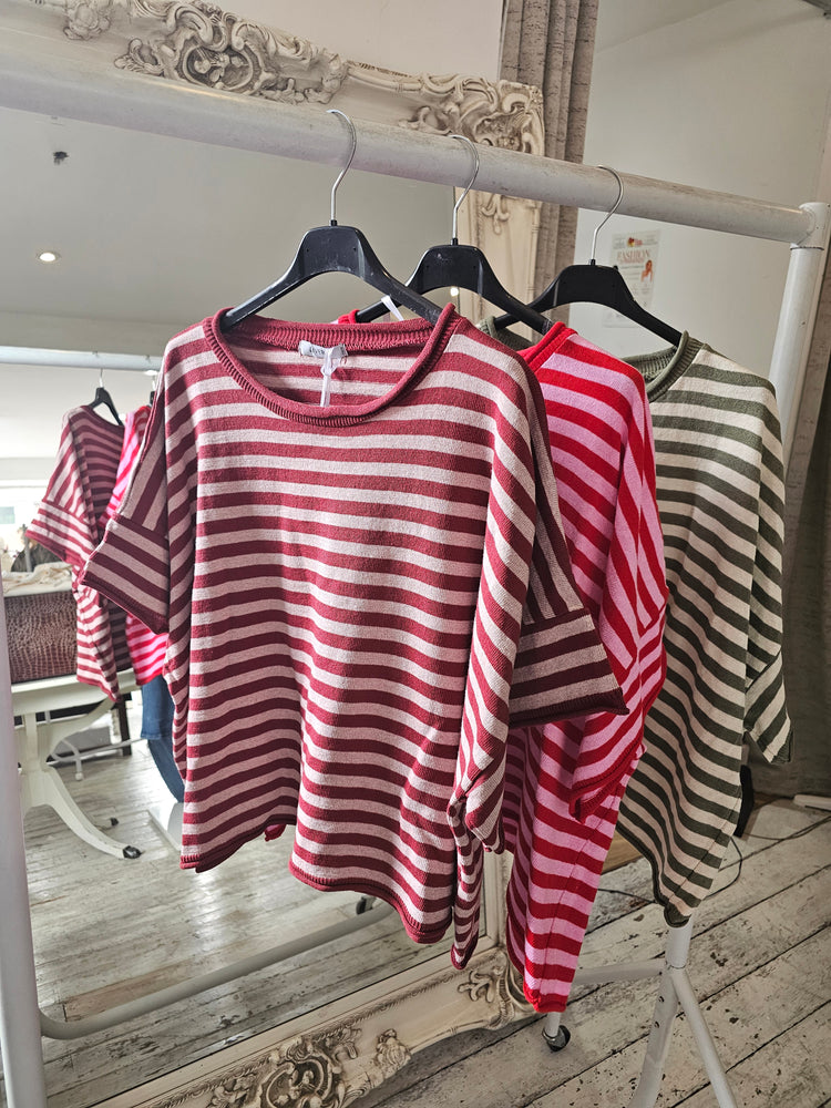 Demi Cotton Knitted Cropped Stripe Tee in burgundy