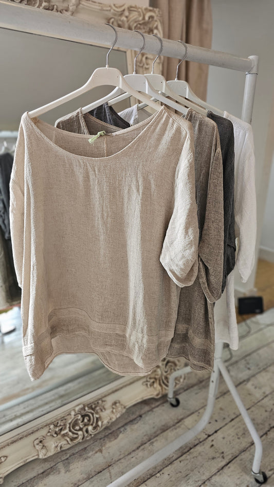 MAEVE TURN UP SLEEVE LINEN BLEND TOP IN BEIGE